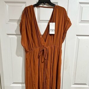 Zara Brown and Orange V-Neck Flutter Sleeve Maxi Dress